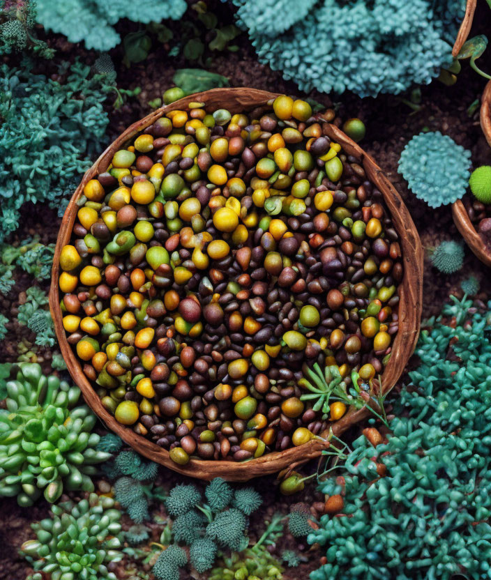 Colorful Mixed Peppercorns in Wooden Bowl with Greenery and Succulents