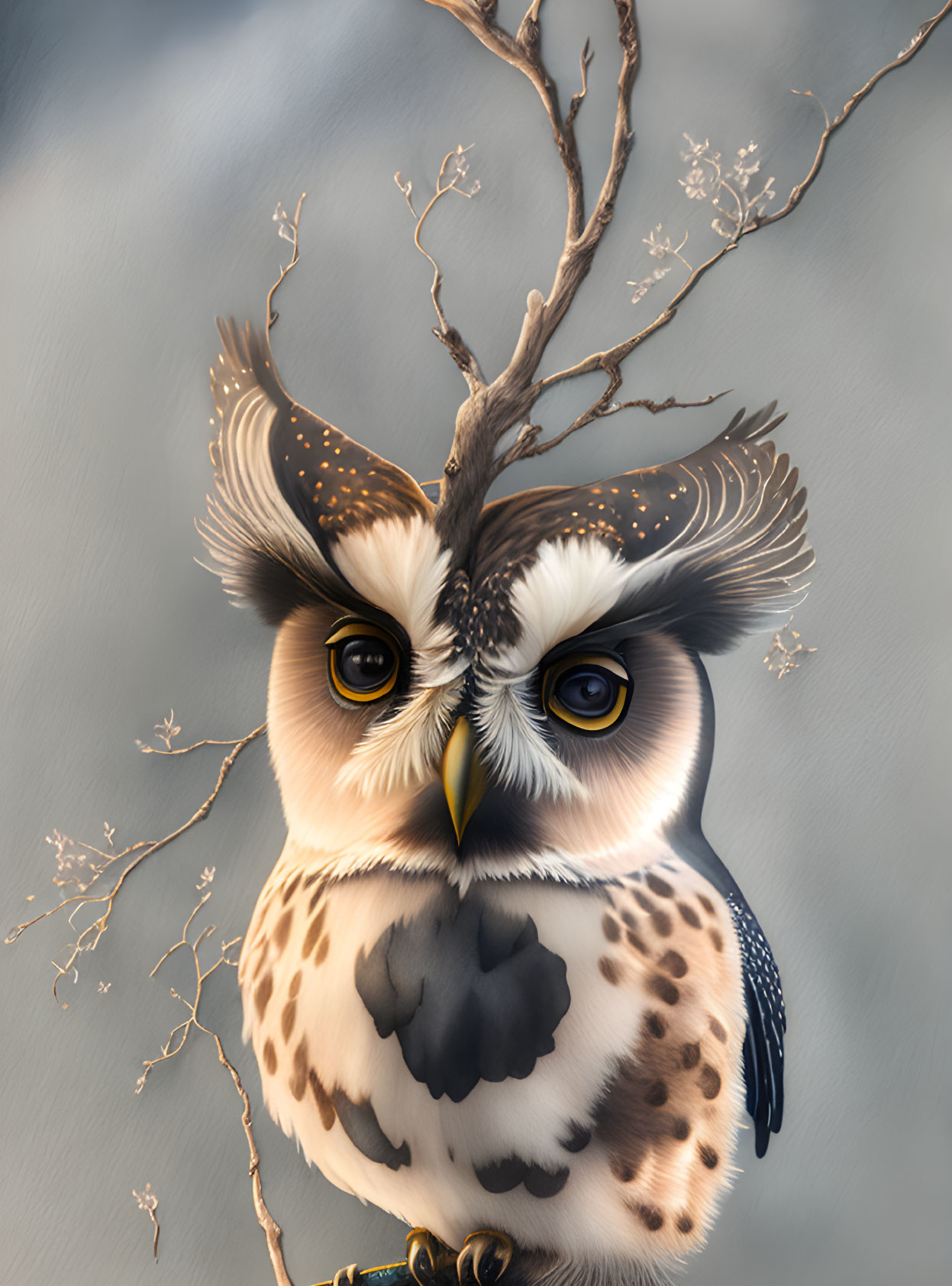 Majestic owl with yellow eyes and antler-like feathers on branch