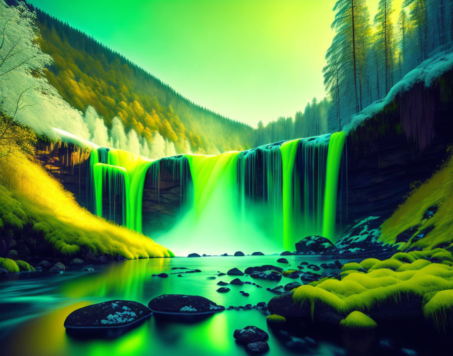 Serene river with vibrant waterfall and lush forest under twilight sky