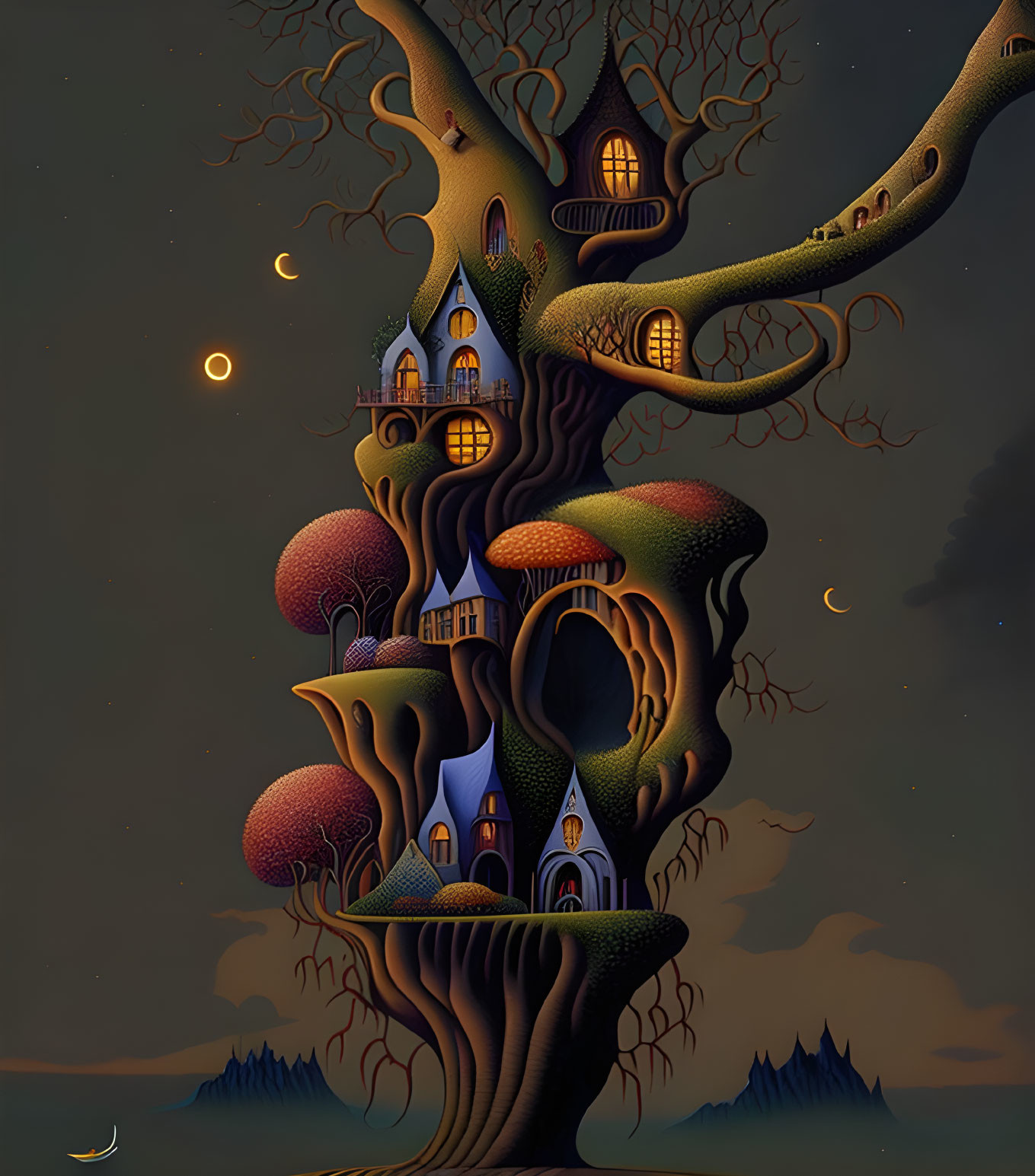 Treehouse with Multiple Rooms & Windows in Twilight Sky