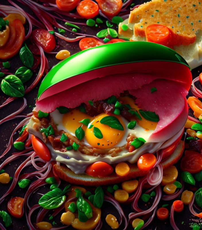 Vibrant digital artwork of a sandwich with egg, bacon, and veggies