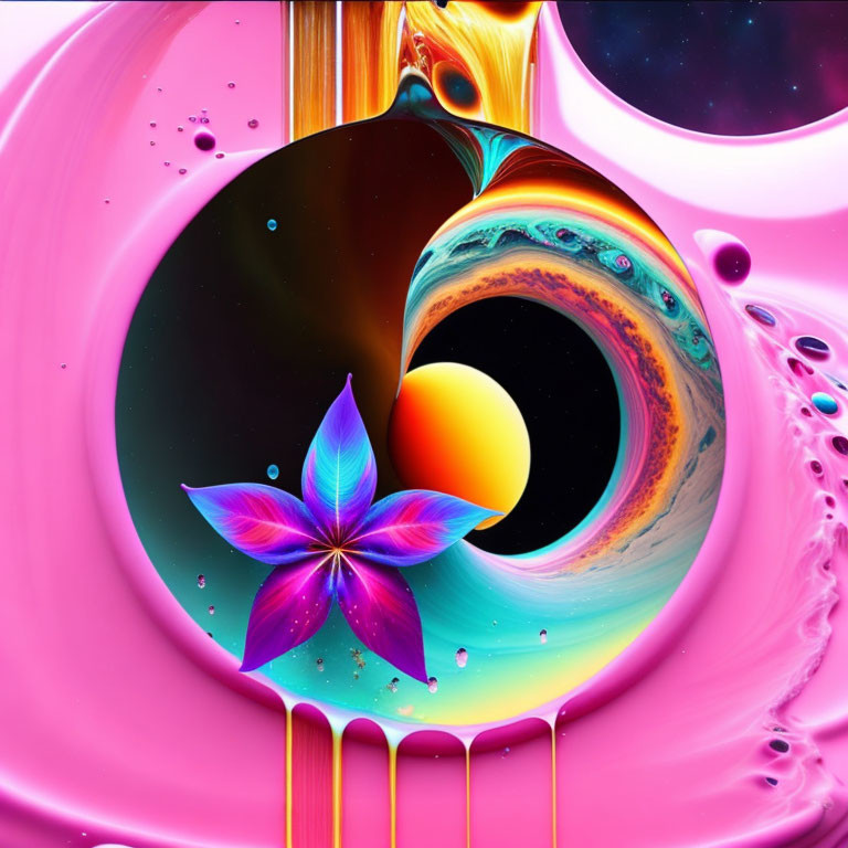 Colorful Abstract Art: Swirling Pink and Orange Hues, Eye-Like Central Element, Purple