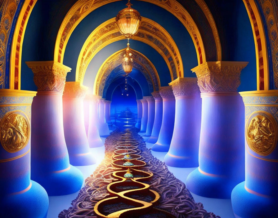 Luxurious hallway with blue columns, golden arches, red and gold carpet, and hanging lanterns