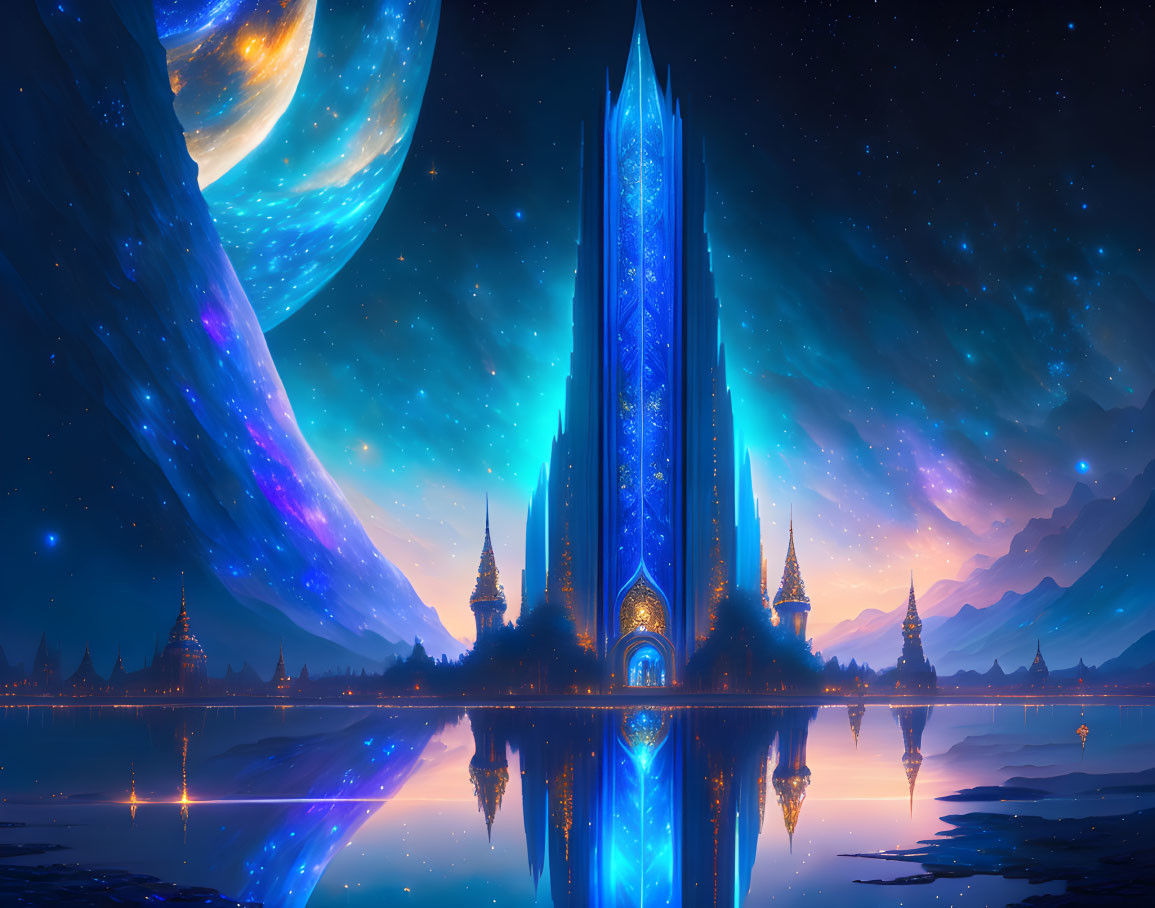 Fantastical crystal blue tower reflecting on water against night sky with vibrant auroras, looming planet,