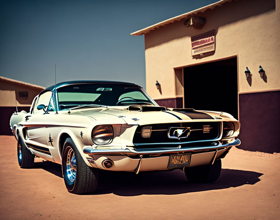 Classic Blue and White Ford Mustang in Urban Setting