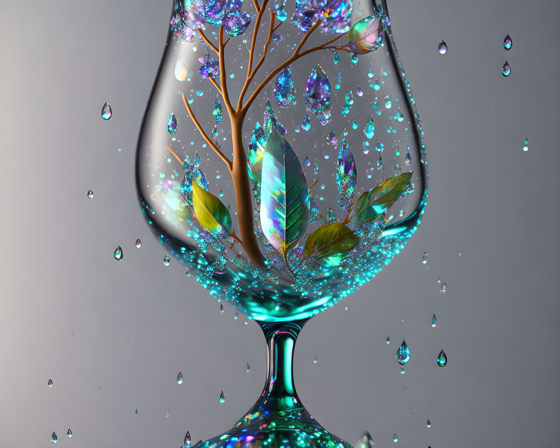 Vibrant tree in glass with colorful droplets - Digital rendering