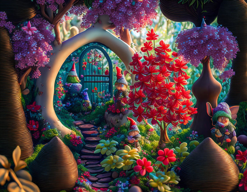 Vibrant flower garden with whimsical trees and gnome figures