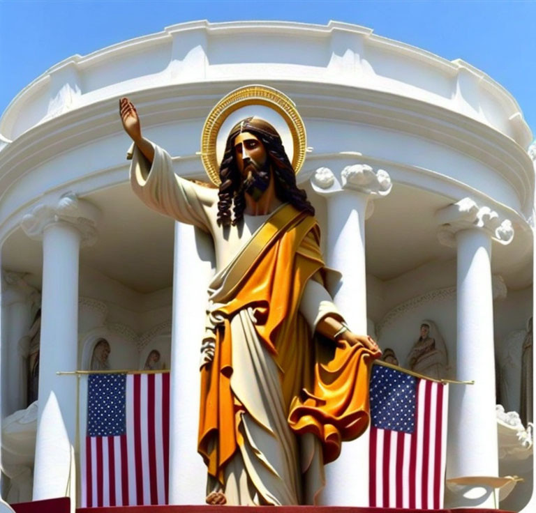 Statue of Jesus with halo holding flag in front of classical building with American flags