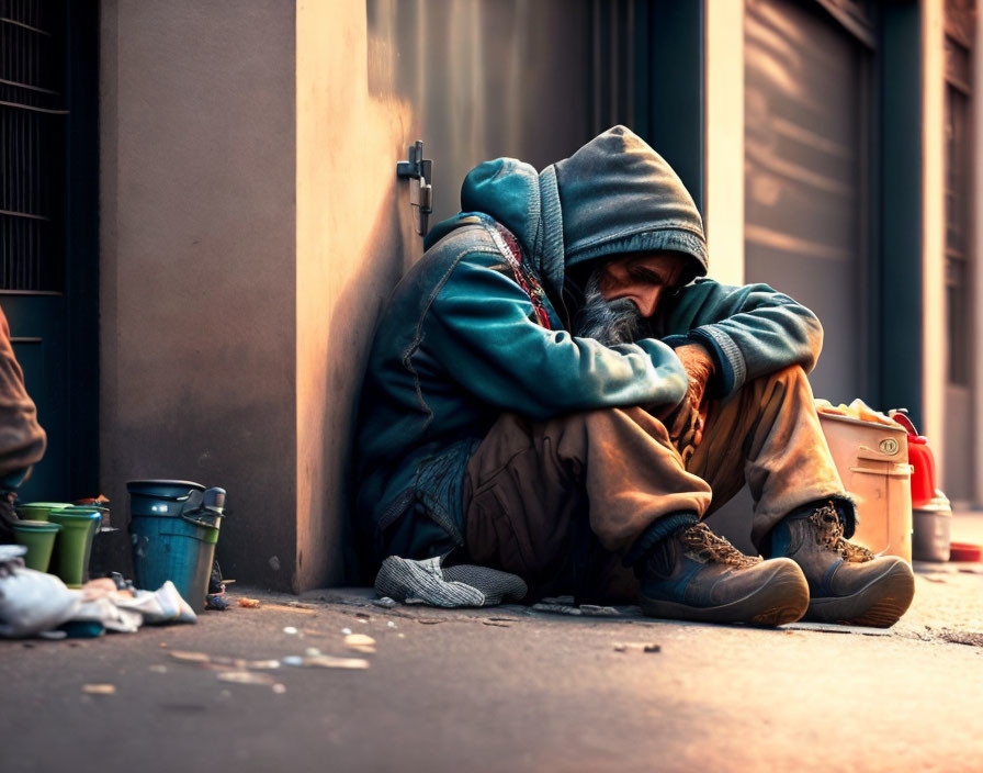 Hooded figure in jacket and trousers sits on city sidewalk