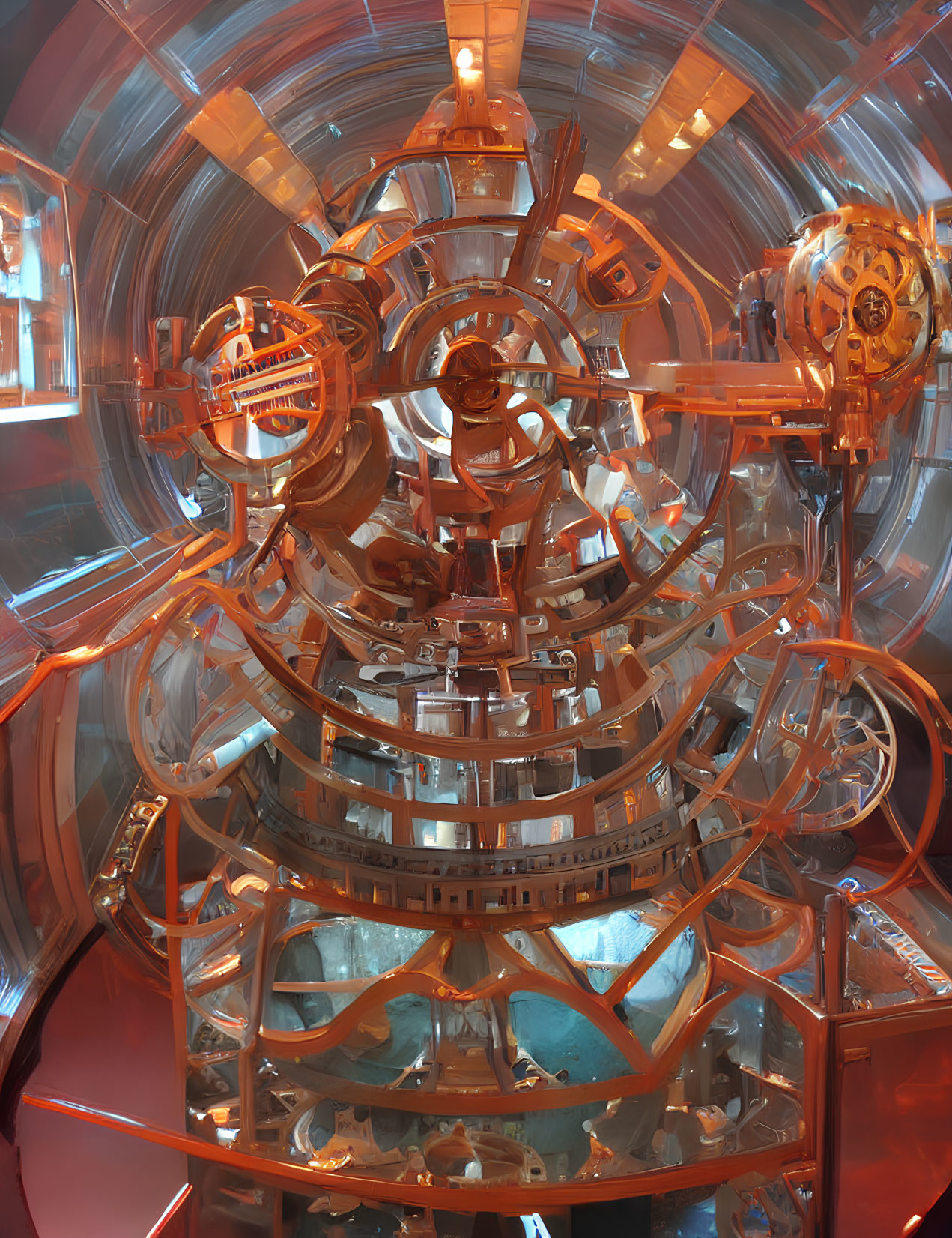 Complex metallic structure with circular elements in warm orange hue.