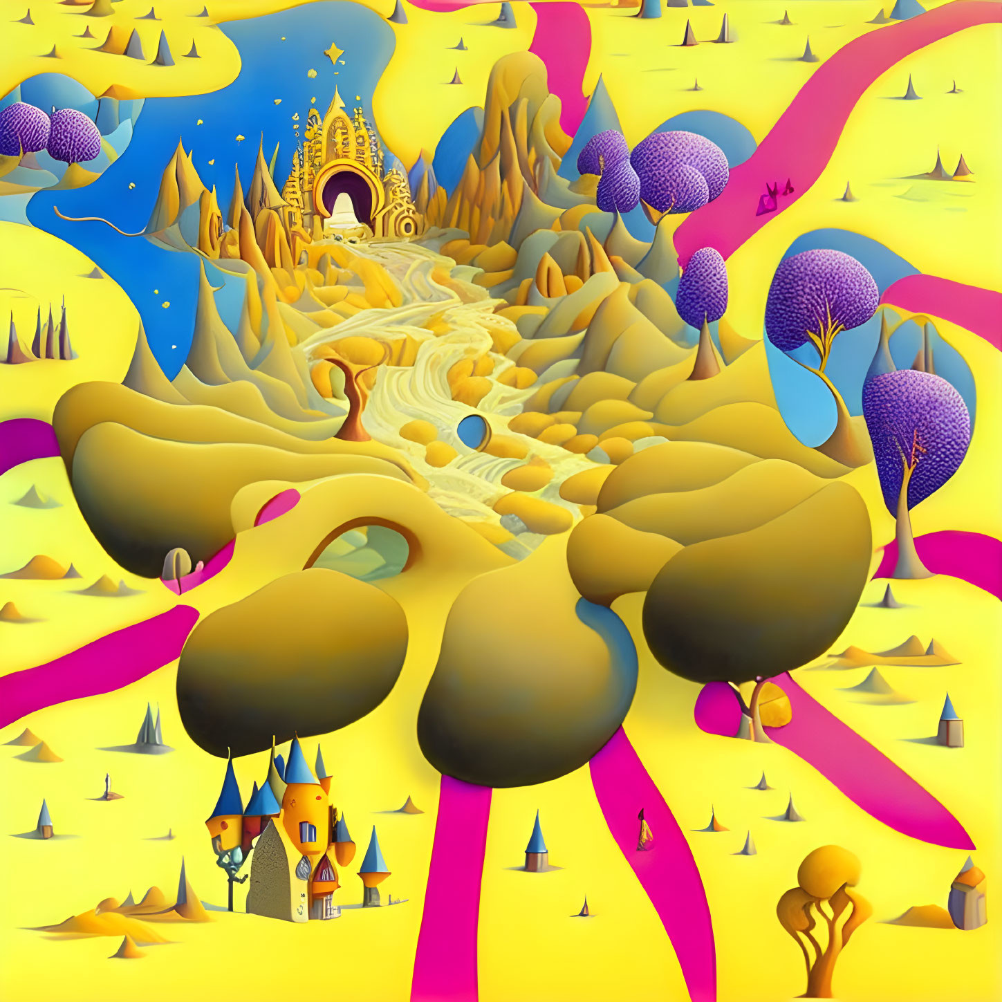 Colorful surreal landscape with flowing paths, bizarre trees, castles, and stylized mountains.