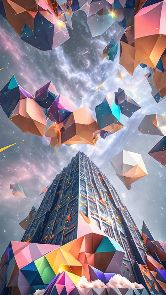 Colorful crystal formations floating above skyscraper in surreal sky