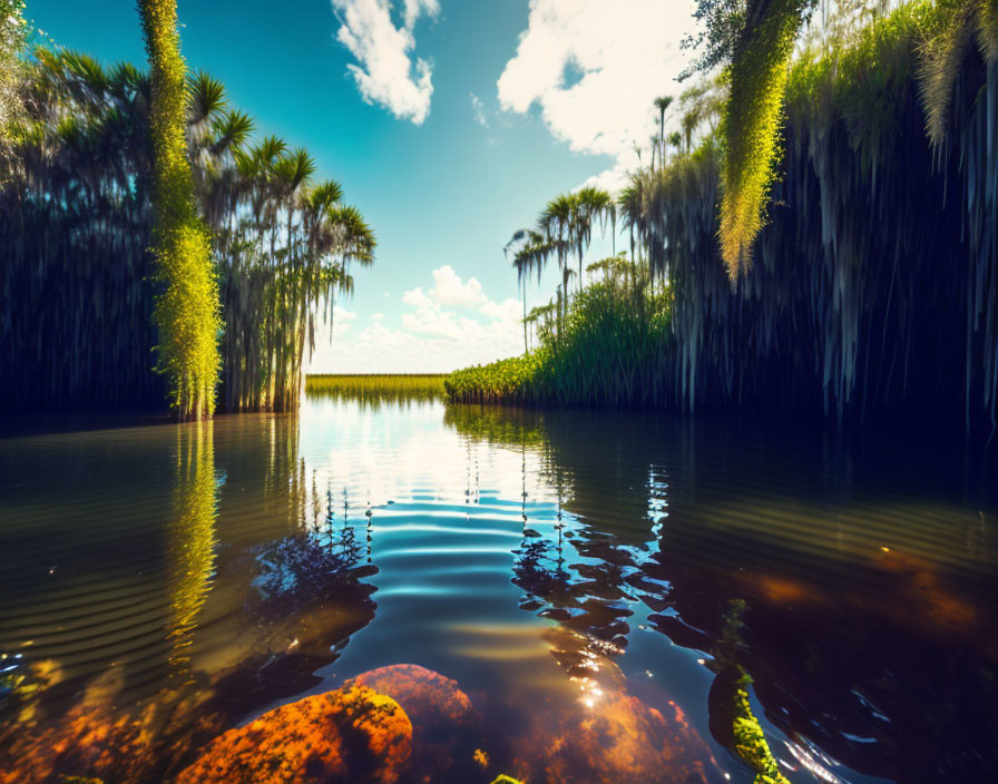 Tranquil wetlands scene with palm trees and water reflection