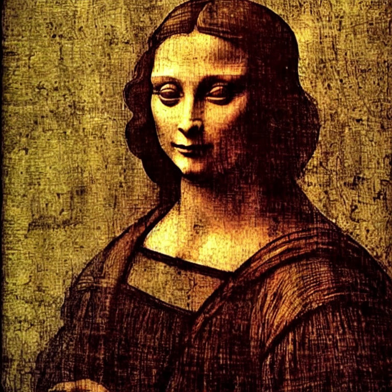 Detailed view of enigmatic smile on aged Mona Lisa painting