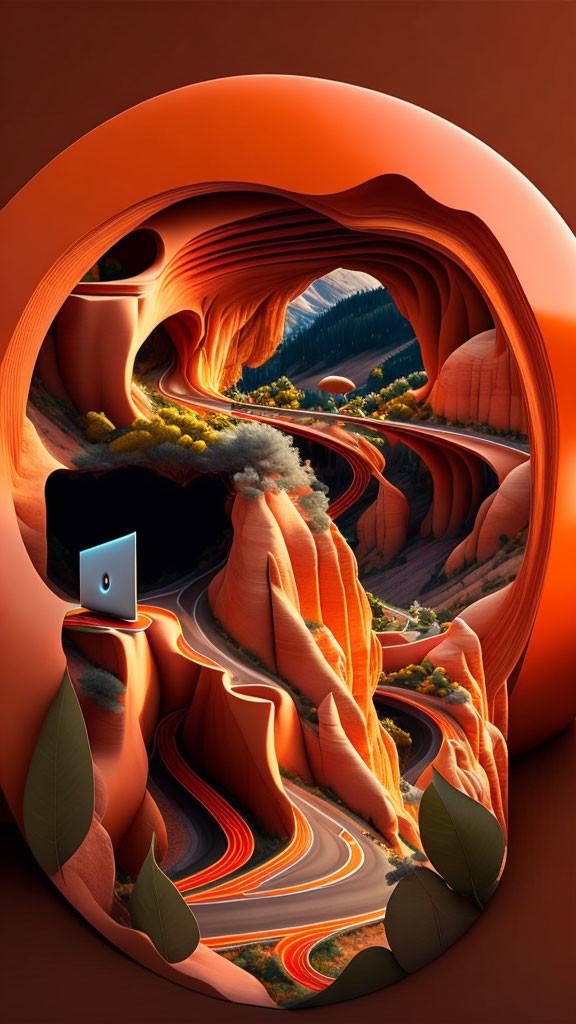 Abstract digital art: Flowing landscape with swirling orange patterns and greenery