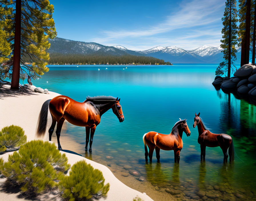 Three horses near lake with pine hills under clear sky