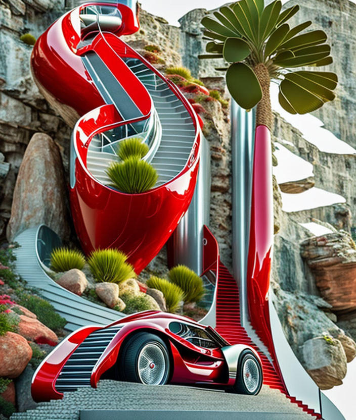 Futuristic red car on sleek winding slide in rocky terrain with plants