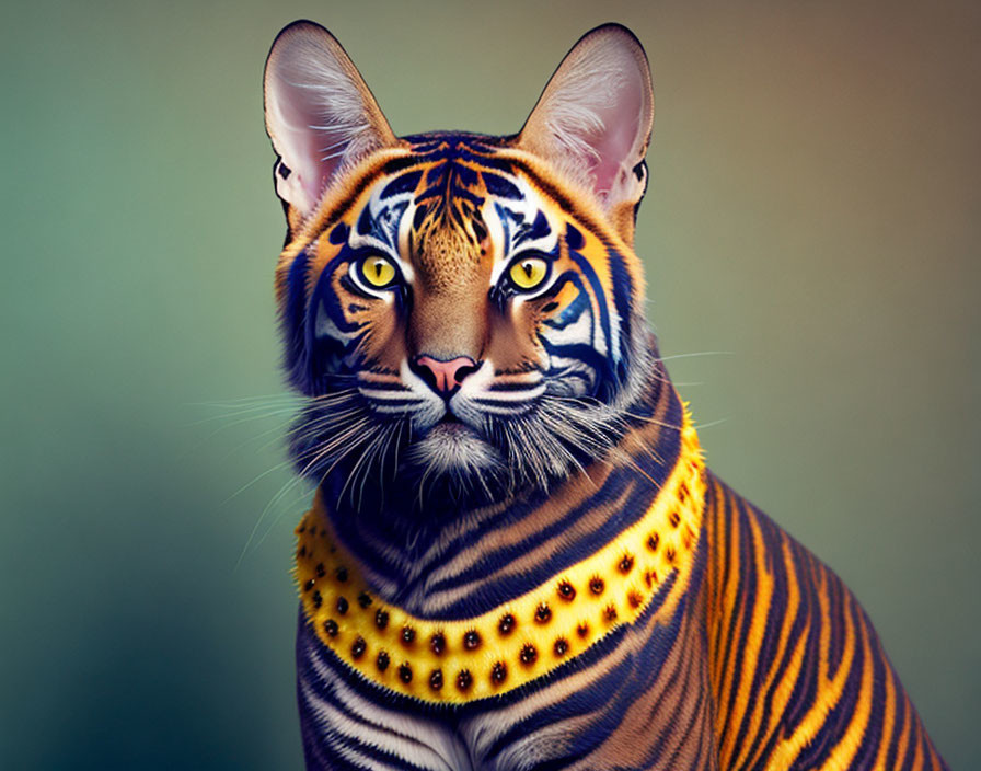 Digital artwork of a person with tiger features and striped face wearing a yellow beaded necklace