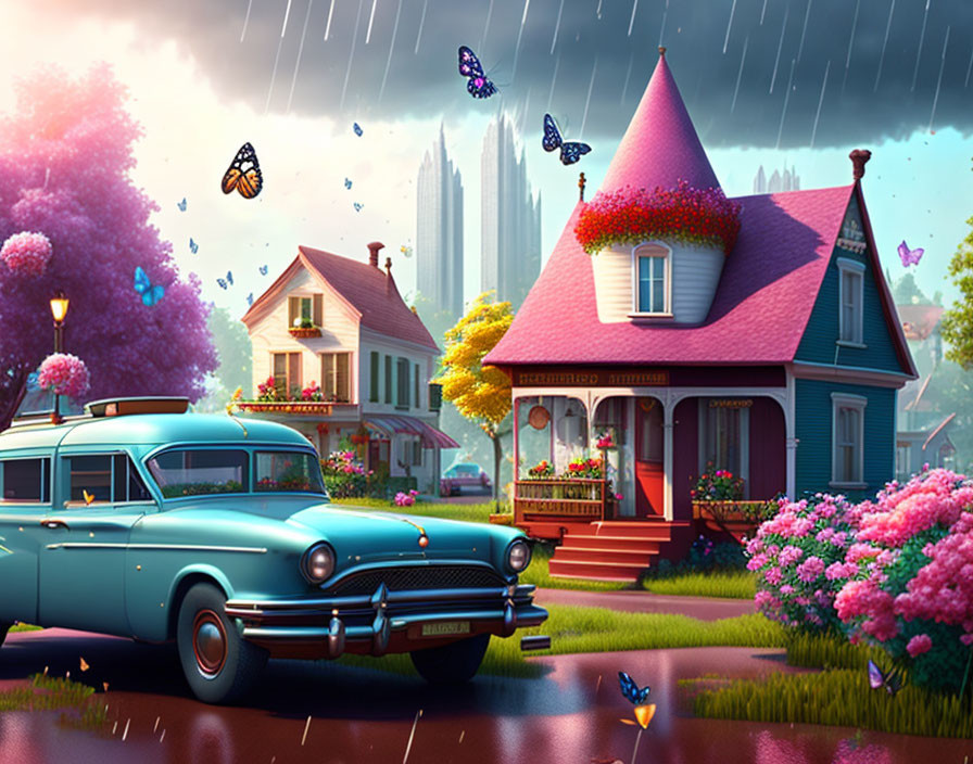 Colorful suburban street scene with houses, trees, car, and butterflies in rain.