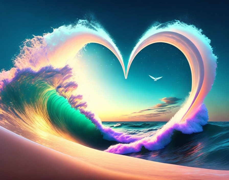 Ocean waves forming heart shape under sunset sky with bird in flight