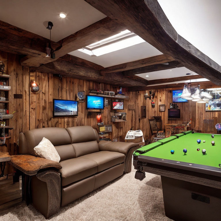 Rustic attic game room with pool table, leather sofa, and wall-mounted TVs