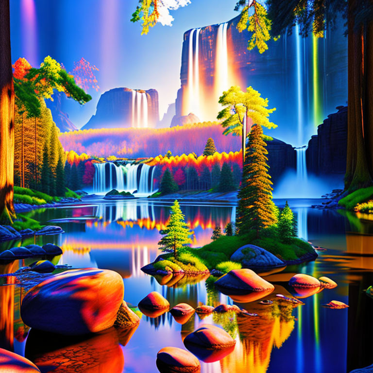 Digitally created vibrant autumn landscape with waterfalls, river, trees, and colorful stones.