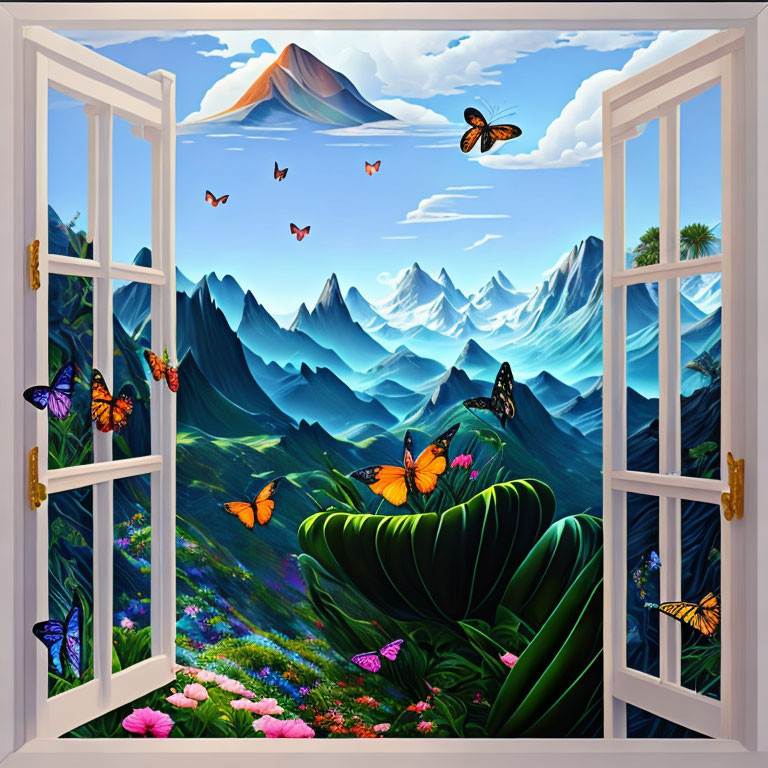 Scenic landscape with butterflies, mountains, and peak visible through open window