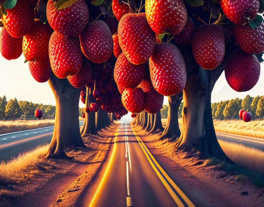 Surreal landscape: avenue of trees with giant strawberries, golden sunset road