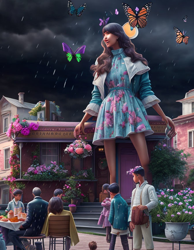 Giant woman walking among people in outdoor dining with butterflies under stormy sky