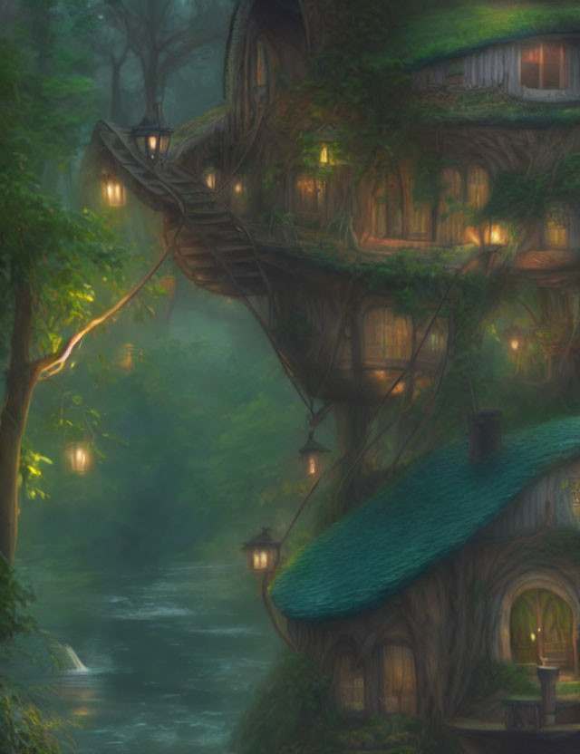 Whimsical treehouse in enchanted forest with glowing lanterns