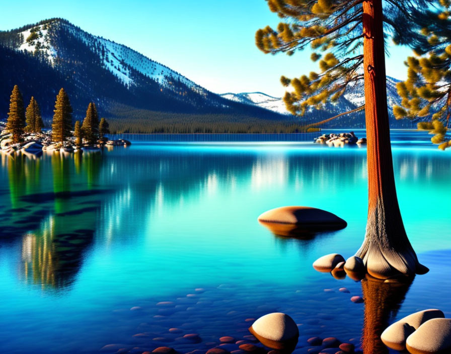 Tranquil Lake Scene: Clear Blue Waters, Pine Trees, Mountains