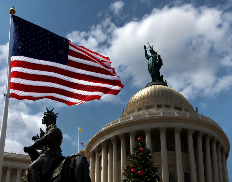 American flag, Statue of Liberty replica, equestrian statue, and domed building in image