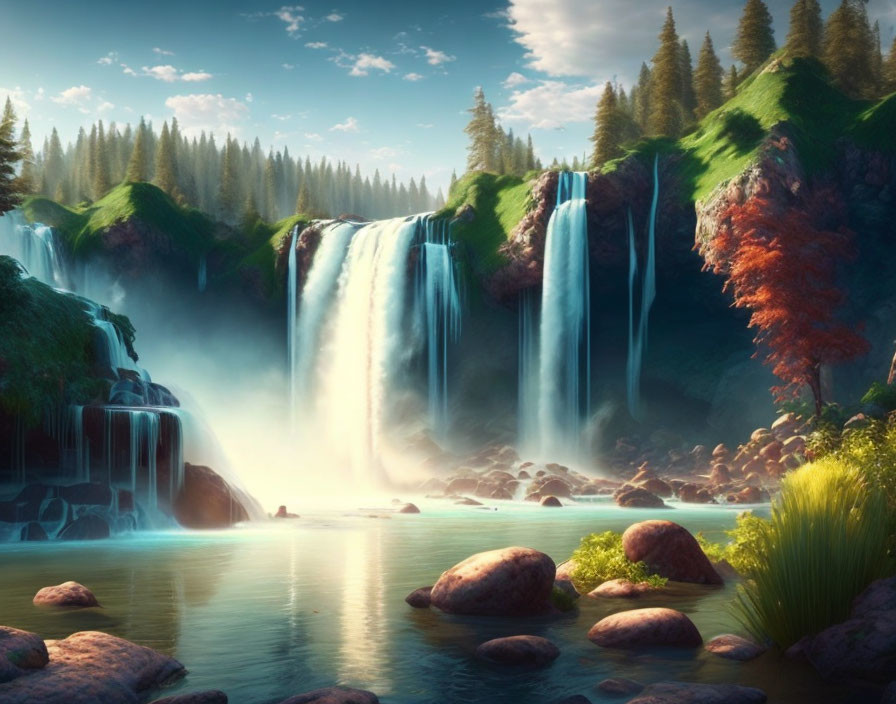 Tranquil landscape with waterfalls, greenery, mist, and sunlight.