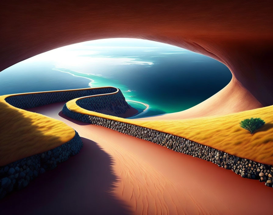 Surreal desert landscape with winding roads to lush seashore