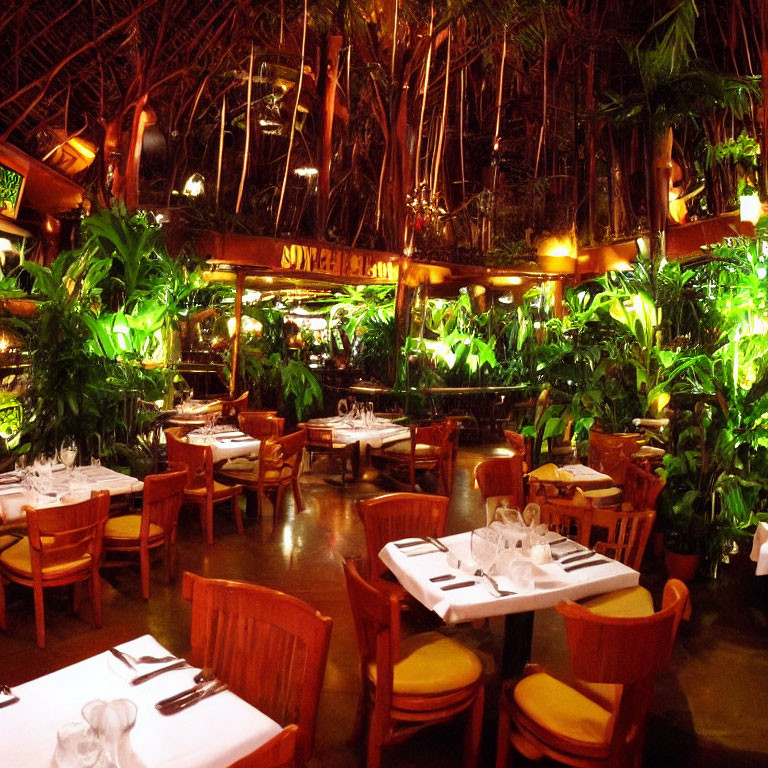 Tropical-themed restaurant with wooden decor and greenery