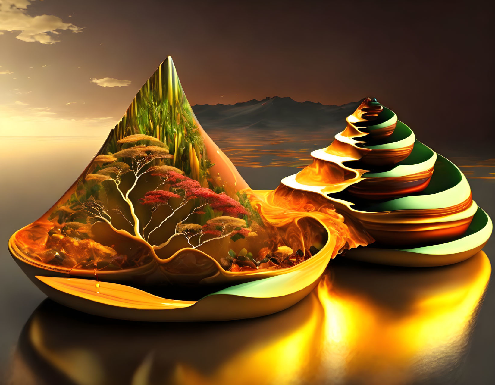 Vibrant 3D rendering of cut-open conical shapes with lava-like textures in sunset ocean