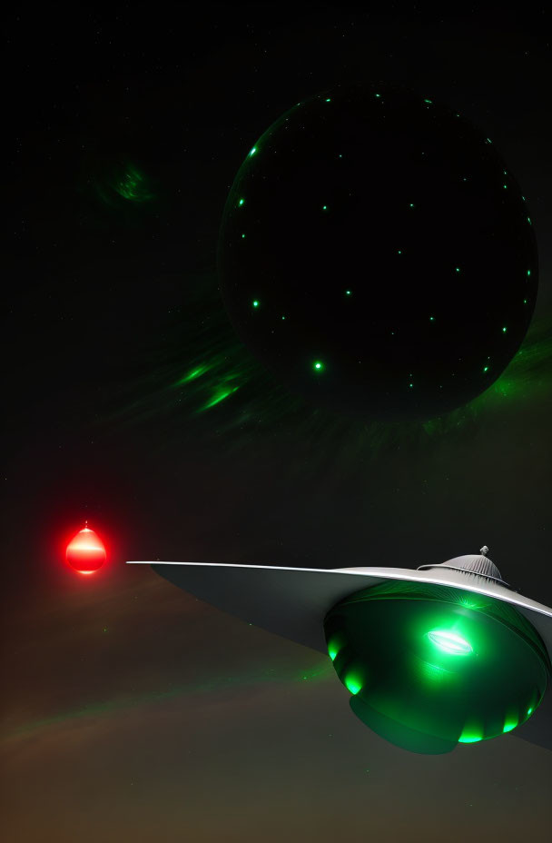 Glowing green lights spaceship under large planet with swirling auroras