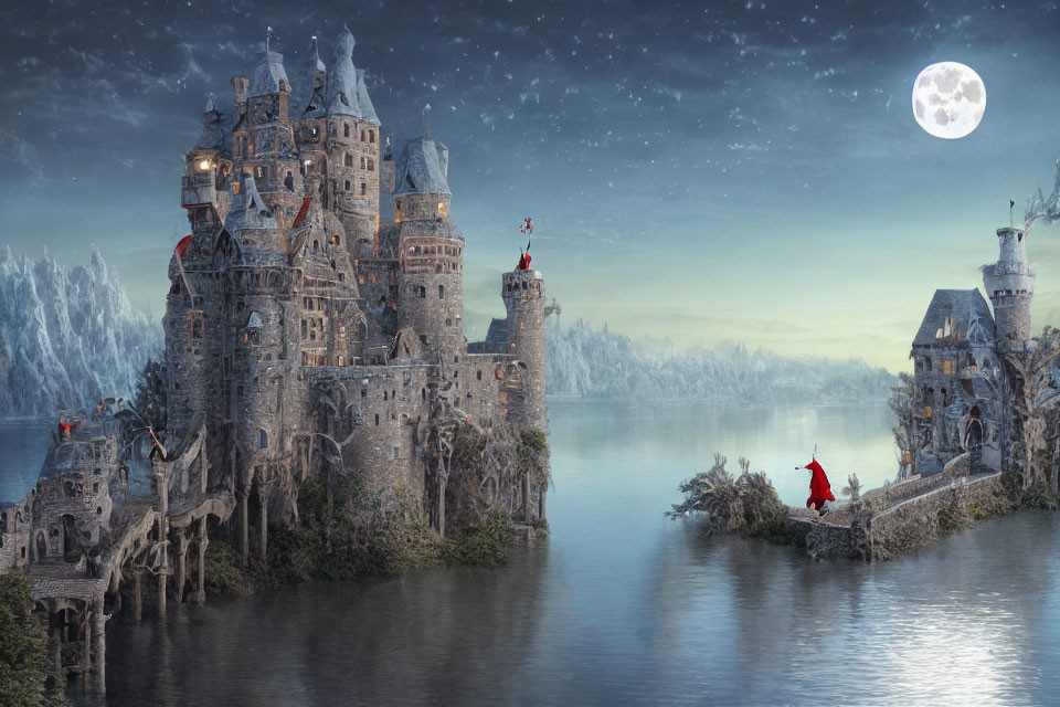 Moonlit castle with towers near a lake, figures in red cloaks.