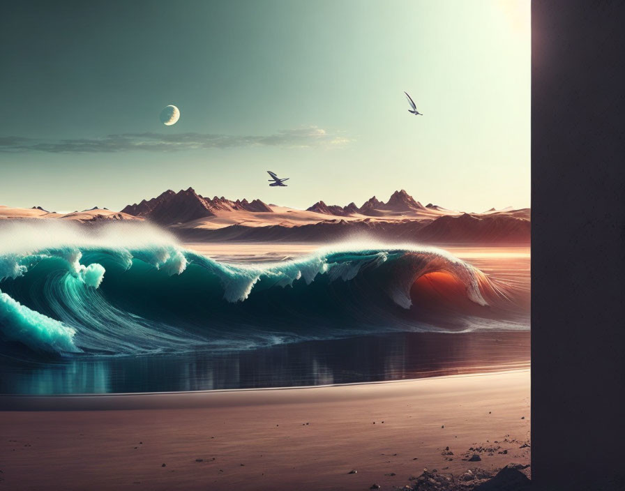 Surreal coastal scene: towering waves, sandy beach, mountains, crescent moon