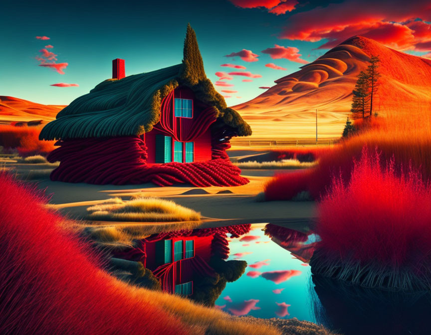 Surreal landscape with red-roofed cabin, crimson grass, reflective pond, vibrant sky,