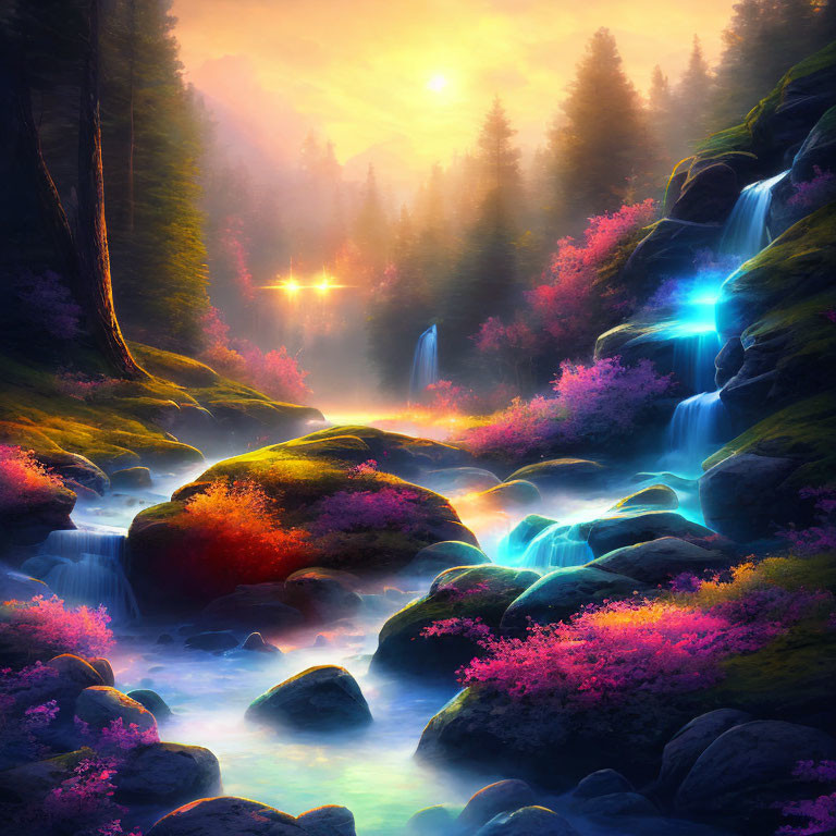 Vibrant fantasy landscape with waterfalls, glowing flora, and misty river