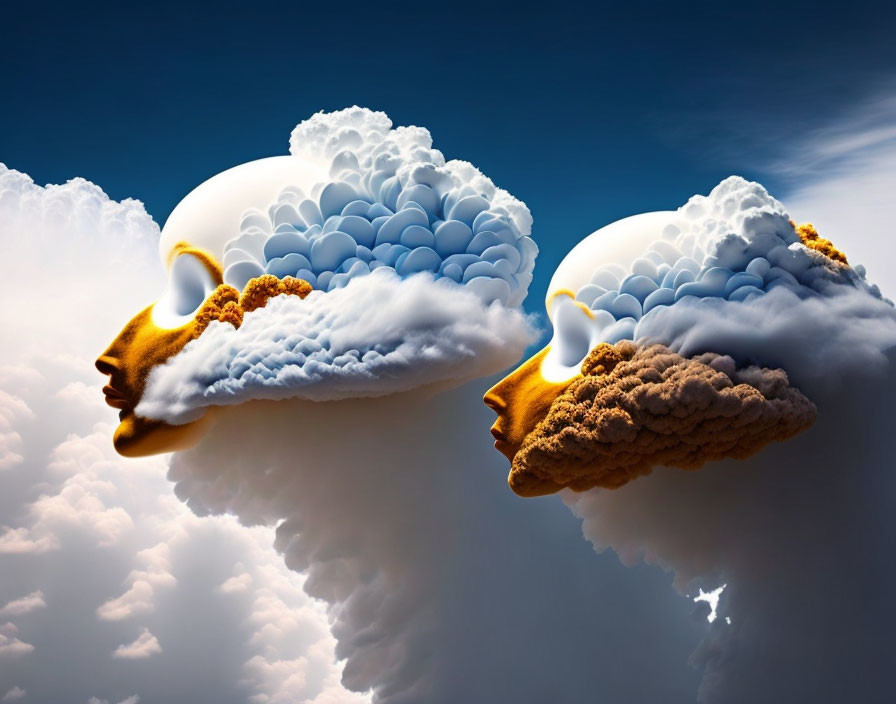 Cloud formations resembling human faces gazing at each other in the sky