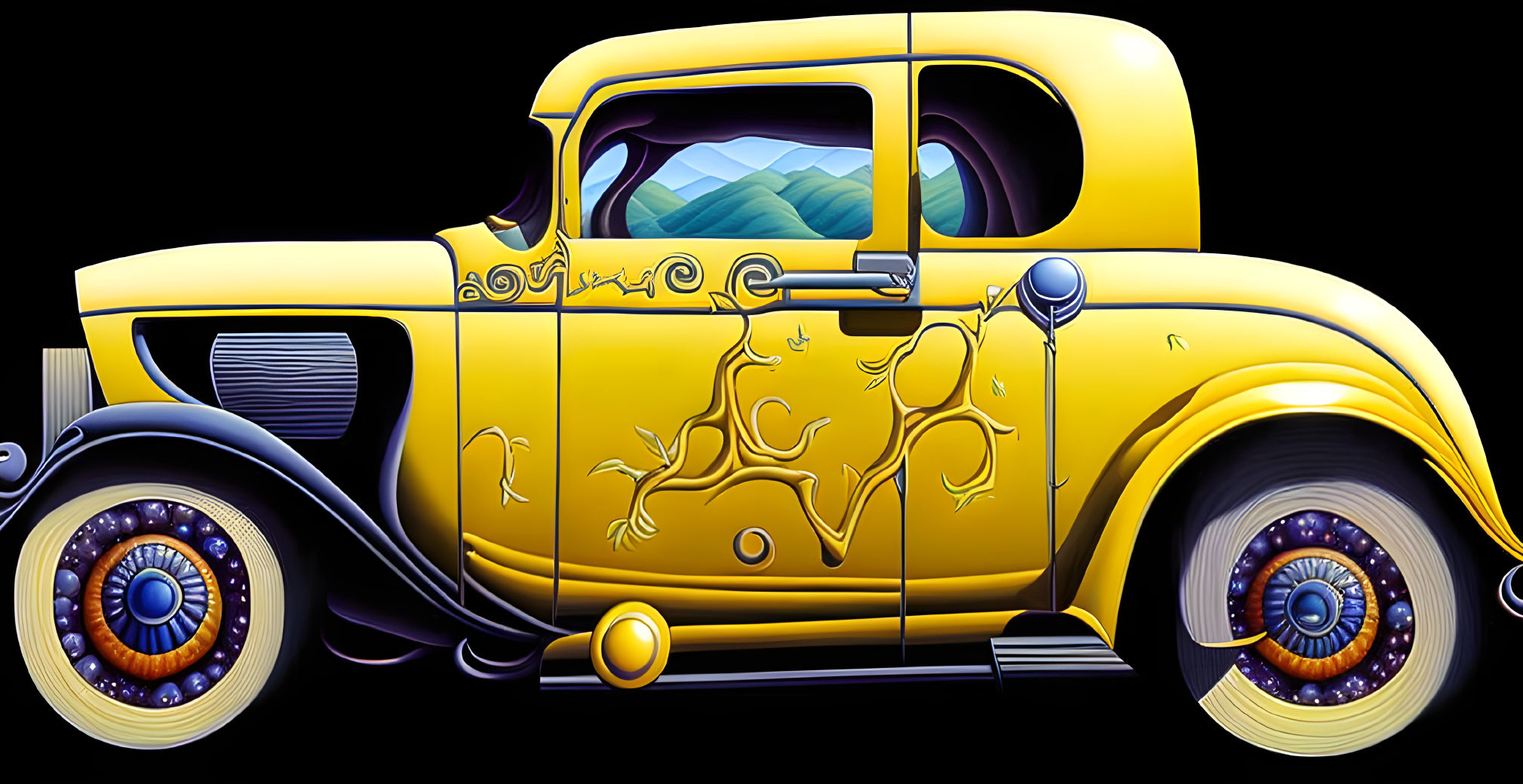 Detailed Classic Car Illustration with Mountain Landscape Reflections