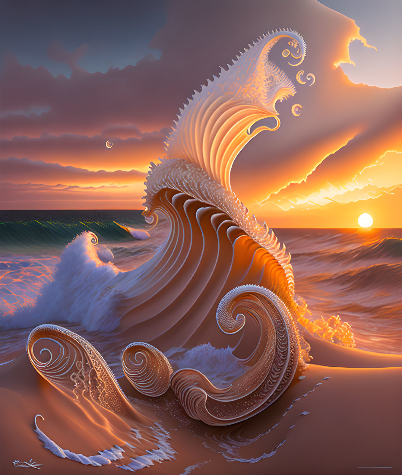 Majestic sunset beach wave with surreal fractal patterns