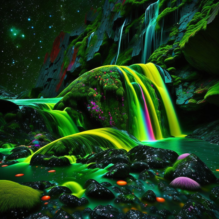 Digitally Enhanced Landscape with Fluorescent Waterfalls & Glowing Vegetation