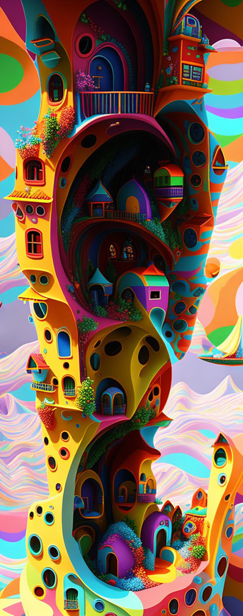 Colorful Whimsical Art: Swirling Tower of Quirky Houses on Psychedelic Background