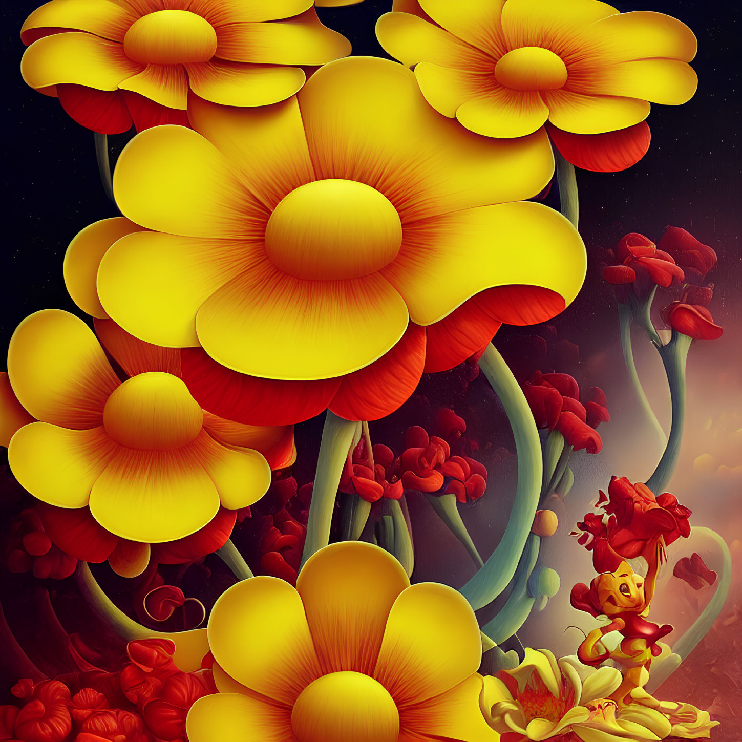 Stylized yellow flowers and character against moody sky