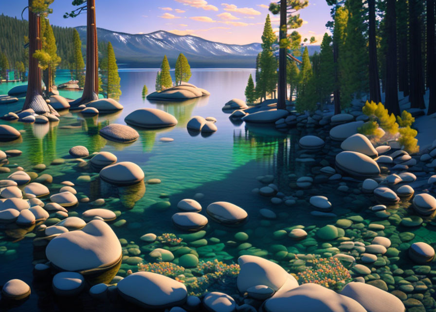 Tranquil lake scene with clear water, snowy rocks, and trees