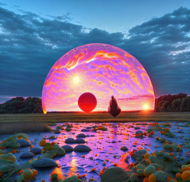 Surreal sunset landscape with glowing orb, water, lily pads, stones, and lone tree