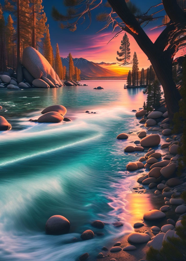 Tranquil river scene at sunset with rocky landscape and pine trees